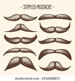 Brown stippled vintage mustache. Curly facial hair. Hipster beard. Stippling, dot drawing and shading, stipple pattern, halftone effect. Vector illustration