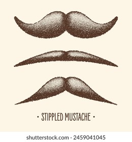 Brown stippled vintage mustache. Curly facial hair. Hipster beard. Stippling, dot drawing and shading, stipple pattern, halftone effect. Vector illustration