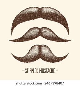 Brown stippled vintage mustache. Curly facial hair. Hipster beard. Stippling, dot drawing and shading, stipple pattern, halftone effect. Vector illustration