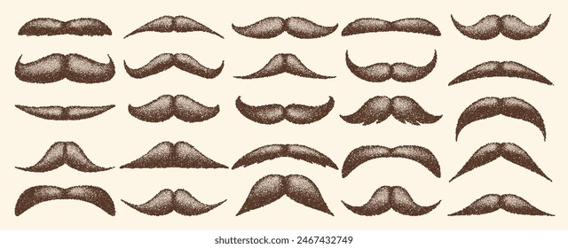 Brown stippled vintage mustache. Curly facial hair. Hipster beard. Stippling, dot drawing and shading, stipple pattern, halftone effect. Vector illustration