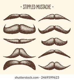 Brown stippled vintage mustache. Curly facial hair. Hipster beard. Stippling, dot drawing and shading, stipple pattern, halftone effect. Vector illustration