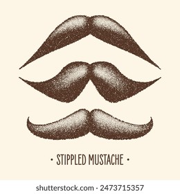 Brown stippled vintage mustache. Curly facial hair. Hipster beard. Stippling, dot drawing and shading, stipple pattern, halftone effect. Vector illustration