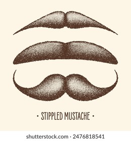 Brown stippled vintage mustache. Curly facial hair. Hipster beard. Stippling, dot drawing and shading, stipple pattern, halftone effect. Vector illustration