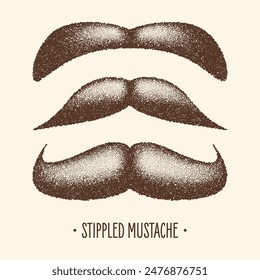 Brown stippled vintage mustache. Curly facial hair. Hipster beard. Stippling, dot drawing and shading, stipple pattern, halftone effect. Vector illustration