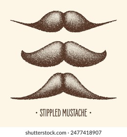 Brown stippled vintage mustache. Curly facial hair. Hipster beard. Stippling, dot drawing and shading, stipple pattern, halftone effect. Vector illustration