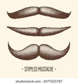 Brown stippled vintage mustache. Curly facial hair. Hipster beard. Stippling, dot drawing and shading, stipple pattern, halftone effect. Vector illustration