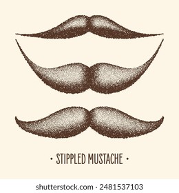 Brown stippled vintage mustache. Curly facial hair. Hipster beard. Stippling, dot drawing and shading, stipple pattern, halftone effect. Vector illustration