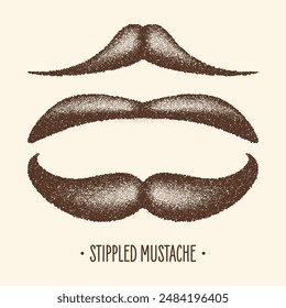 Brown stippled vintage mustache. Curly facial hair. Hipster beard. Stippling, dot drawing and shading, stipple pattern, halftone effect. Vector illustration