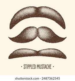 Brown stippled vintage mustache. Curly facial hair. Hipster beard. Stippling, dot drawing and shading, stipple pattern, halftone effect. Vector illustration