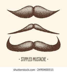 Brown stippled vintage mustache. Curly facial hair. Hipster beard. Stippling, dot drawing and shading, stipple pattern, halftone effect. Vector illustration