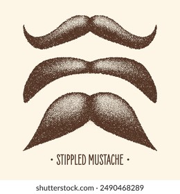 Brown stippled vintage mustache. Curly facial hair. Hipster beard. Stippling, dot drawing and shading, stipple pattern, halftone effect. Vector illustration