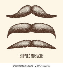 Brown stippled vintage mustache. Curly facial hair. Hipster beard. Stippling, dot drawing and shading, stipple pattern, halftone effect. Vector illustration