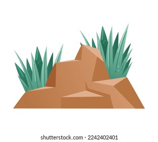 Brown Stone Boulder and Grass Blades Vector Illustration