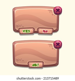Brown stone cartoon panels for game UI, including yes/no and Ok buttons