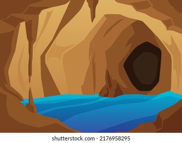 Brown stone cave entrance with water inside, dark tunnel flat style, vector illustration. Nature landscape, empty cave, hole in rock with river or lake