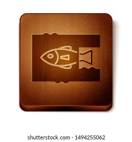 Brown Stop ocean plastic pollution icon isolated on white background. Environment protection concept. Fish say no to plastic. Wooden square button. Vector Illustration