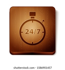 Brown Stopwatch 24 hours icon isolated on white background. All day cyclic icon. 24 hours service symbol. Wooden square button. Vector Illustration