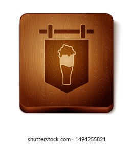 Brown Street signboard with glass of beer icon isolated on white background. Suitable for advertisements bar, cafe, pub, restaurant. Wooden square button. Vector Illustration