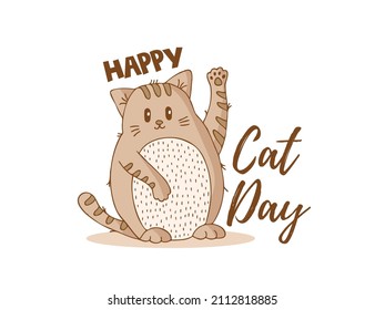 A brown striped cat with a light belly waves a paw. World Cat Day. International holiday. Cat with lettering. 