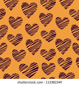 Brown striped hearts on orange background. Seamless pattern. Vector illustration