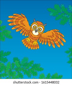 Brown striped owl with big round eyes flying in the dark-blue midnight sky and hunting over a wild forest, vector cartoon illustration