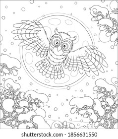 Brown striped owl with big round eyes flying in the moonlit winter sky over a snowy northern fir forest, black and white outline vector cartoon illustration for a coloring book page