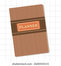 Brown striped planner with a bold title on front. Perfect for office, organization, or habit tracking illustrations and branding. Vector illustration