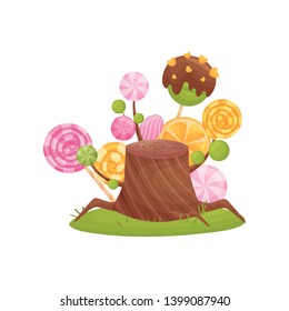 Brown striped stump among multicolored lollipops. Vector illustration on white background.