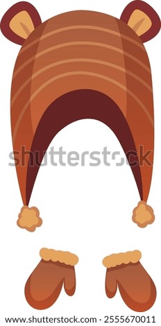 Brown striped winter hat with cute bear ears and matching mittens with fluffy trim create a cozy and playful ensemble, perfect for keeping warm during cold weather adventures