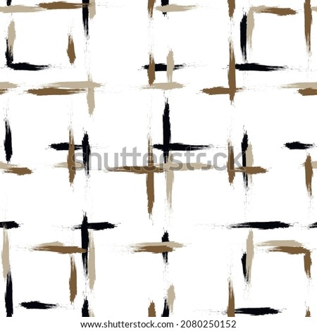 Brown strokes seamless pattern. watercolor line tartan texture. Japanese motif vector plaid checkered fabric, hand drawn brush strokes background