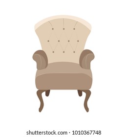 Brown stuff and wooden legs luxury armchair. Modern designer chair. Flat vector illustration isolated on the white background.