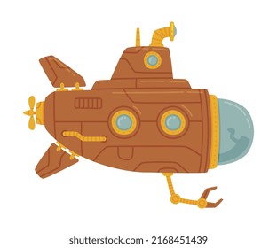 Brown Submarine Watercraft Swimming Underwater Vector Illustration