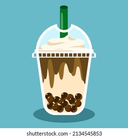 Té de leche de boba de azúcar marrón, burbuja negra o perla, con crema de azotes, popular bebida taiwanesa en taza de plástico. Para la publicidad del menú de bebidas de postre.  Vector plano aislado en verde