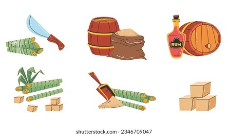 Brown sugar cane alcohol food sugarcane sweetener abstract isolated set. Vector graphic design illustration	