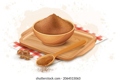 Brown sugar and Sugar cane powder with Jaggery pieces on wooden chopping board vector illustration