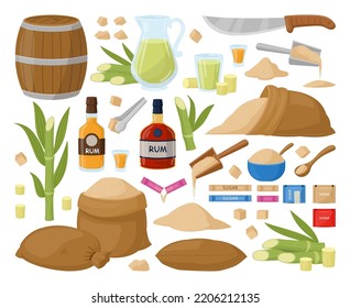 Brown sugar, cartoon sugarcane plant, sweet ingredient heap. Natural product sack or barrel, cane, knife and rum bottles flat vector illustration set. Sugar production industry