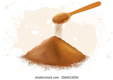 Brown Sugar (Jaggery Sugar Cane) Powder Vector Illustration With Wooden Spoon