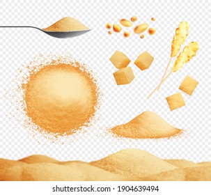 Brown sugar set with caramel piles and cubes realistic transparent isolated vector illustration