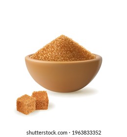 Brown sugar in wooden bowl vector illustration. Raw unrefined organic cane sugar pile and cubes side view