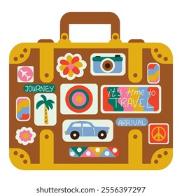 a brown suitcase adorned with colorful travel-themed stickers, including flowers, a camera, a car, a palm tree, and phrases like "Journey" and "Travel."