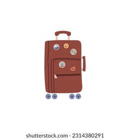 Brown suitcase decorated with cute stickers flats style, vector illustration isolated on white background. Decorative design element, tool for travel and journey, transportation