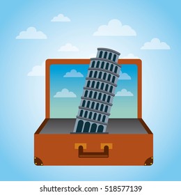 brown suitcase with iconic momument of italy . over sky background. vector illustration