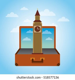 brown suitcase with iconic momument of london. over sky background. vector illustration