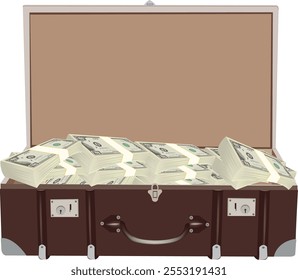 Brown suitcase overflowing with stacks of american one hundred dollar bills