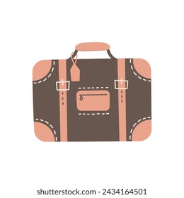 Brown suitcase vector illustration in doodle style. Hand drawn travel baggage. Luggage for flight journey trip vacation. Isolated on white background
