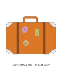 Brown suitcase in vintage style with stickers and straps. Vector, isolated illustration on a white background.
