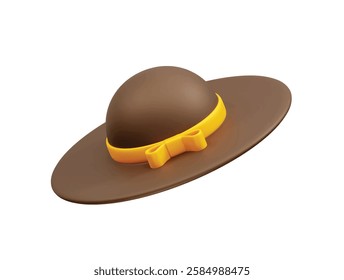 Brown Sun Hat with Yellow Ribbon icon 3d. Women hat icon 3d render illustration