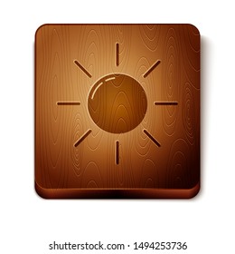 Brown Sun icon isolated on white background. Wooden square button. Vector Illustration