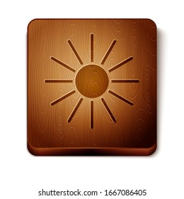 Brown Sun icon isolated on white background. Summer symbol. Good sunny day. Wooden square button. Vector Illustration