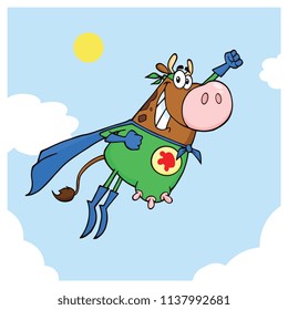 Brown Super Hero Cow Cartoon Mascot Character Flying. Vector Illustration With Background